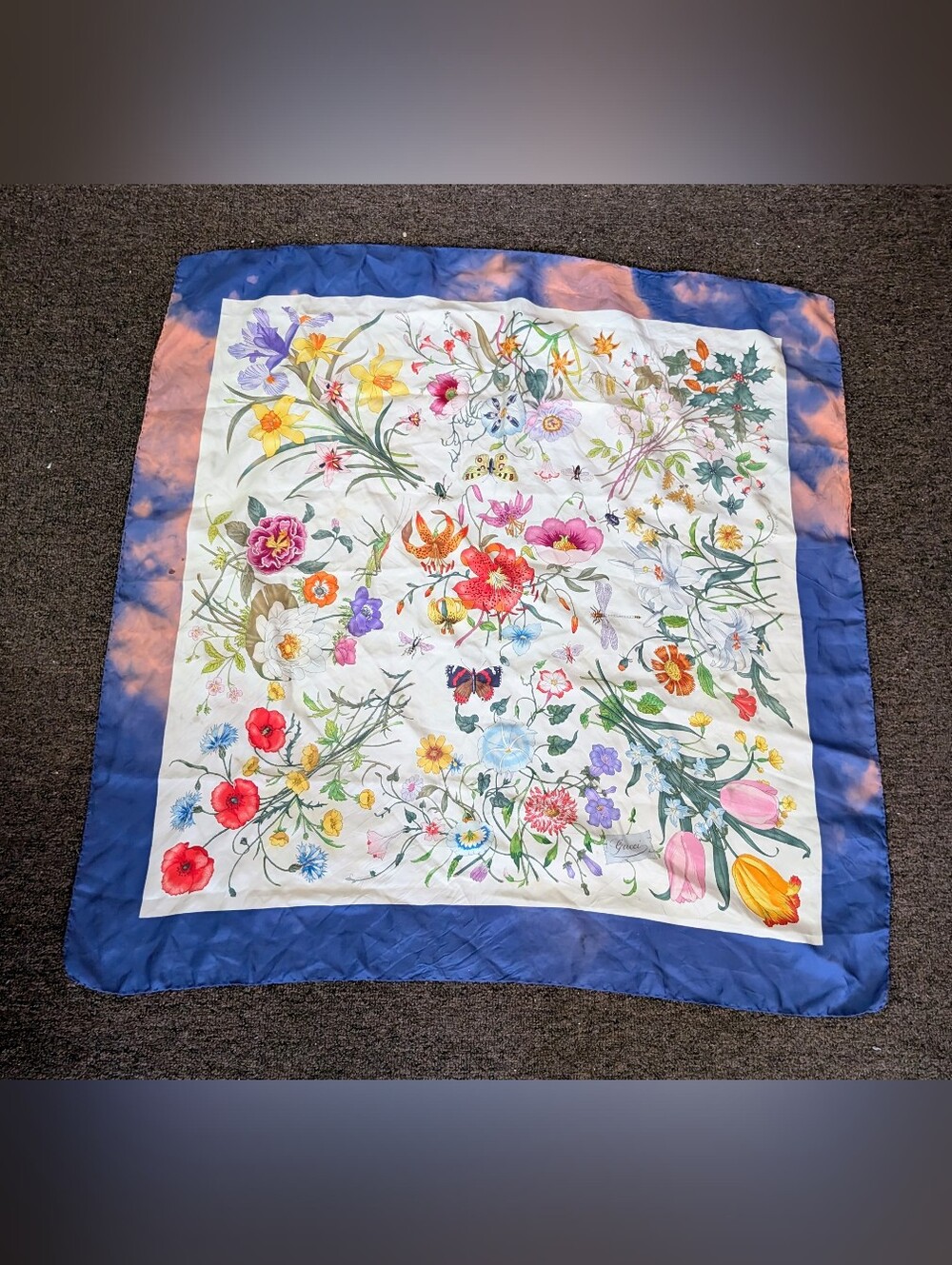 Gucci Flora Blue Border Silk Scarf READ/DAMAGE